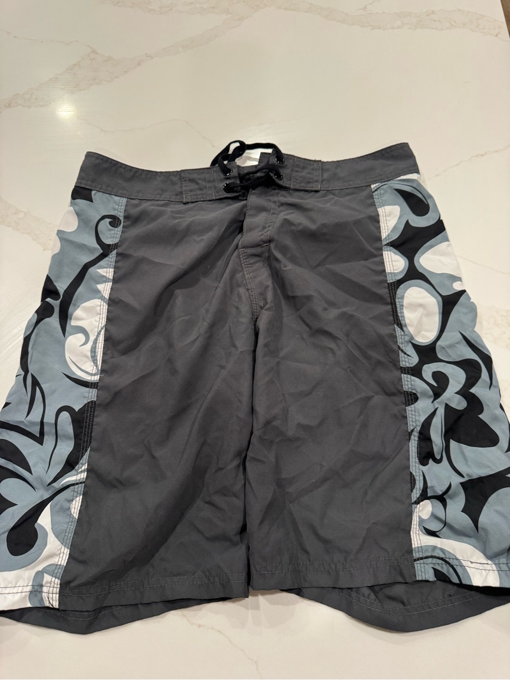 Men's Gray Swim Trunks with Light Blue Floral Side Panels